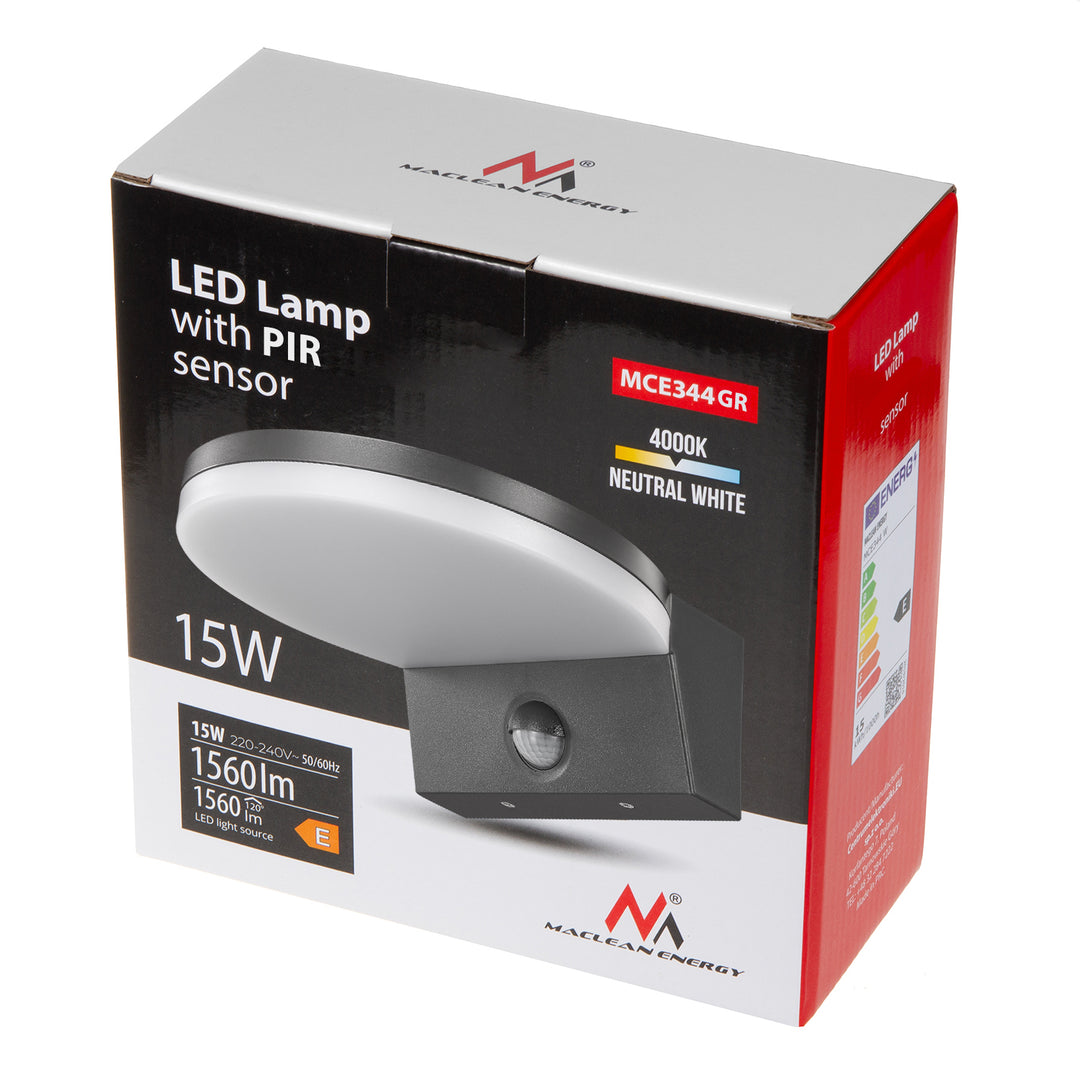 Maclean LED Light with Motion Sensor, PIR Motion Sensor, Gray, 15W, IP65, 1560 lm, Neutral White (4000K) MCE344 GR, 2 pieces