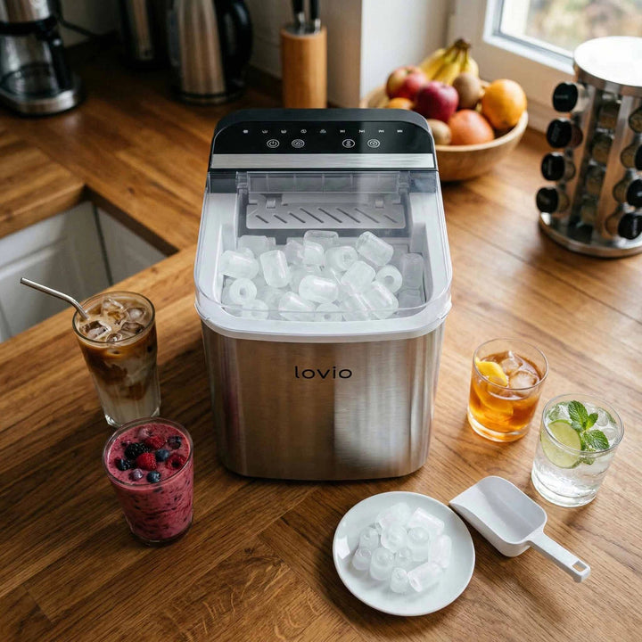 Lovio Crystal Ice Plus Home Ice Maker, Stainless Steel, Silver, Express Ice