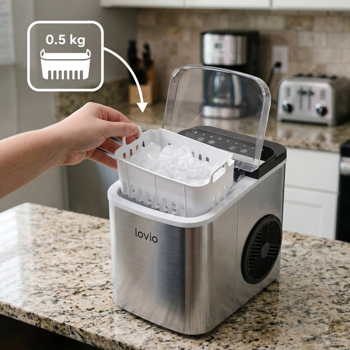 Lovio Crystal Ice Plus Home Ice Maker, Stainless Steel, Silver, Express Ice