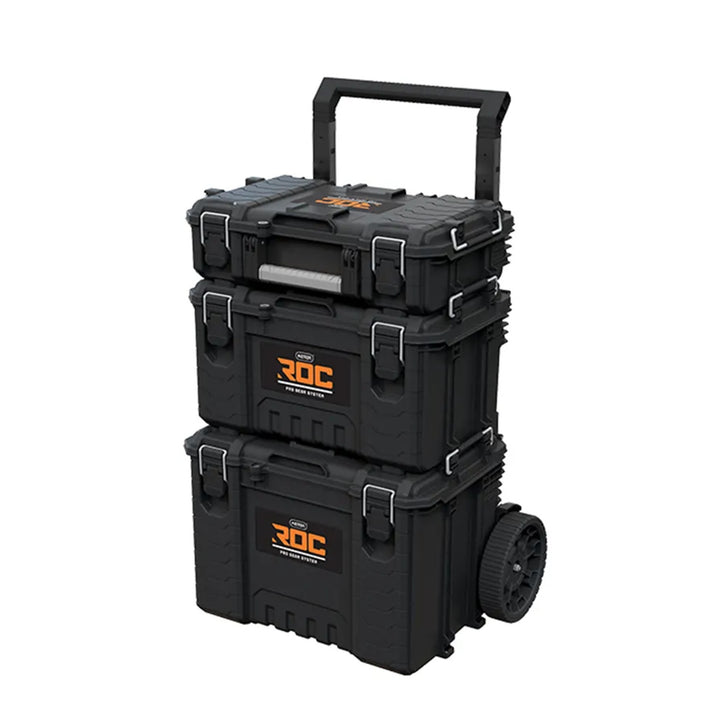 Set of 3 Keter ROC Pro Gear 2.0 tool chests, total capacity 110L, IP65 protection, removable telescoping handle, padlockable, 256982