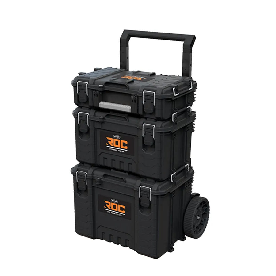 Set of 3 Keter ROC Pro Gear 2.0 tool chests, total capacity 110L, IP65 protection, removable telescoping handle, padlockable, 256982