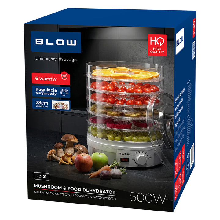 Blow Mushroom, Vegetable, and Fruit Dehydrator, 500W, 6 trays included, temperature control 35–75°C, 44–175