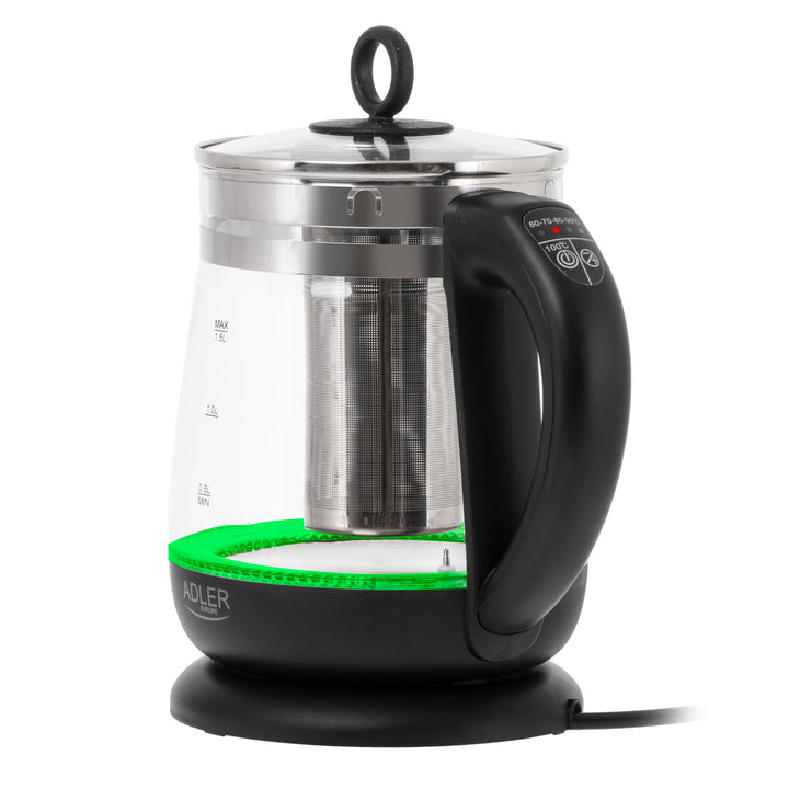 1.5 L Glass Kettle with Tea Infuser and Temperature Control, 2200W, LED, 60–100°C, Adler AD 1299, Black