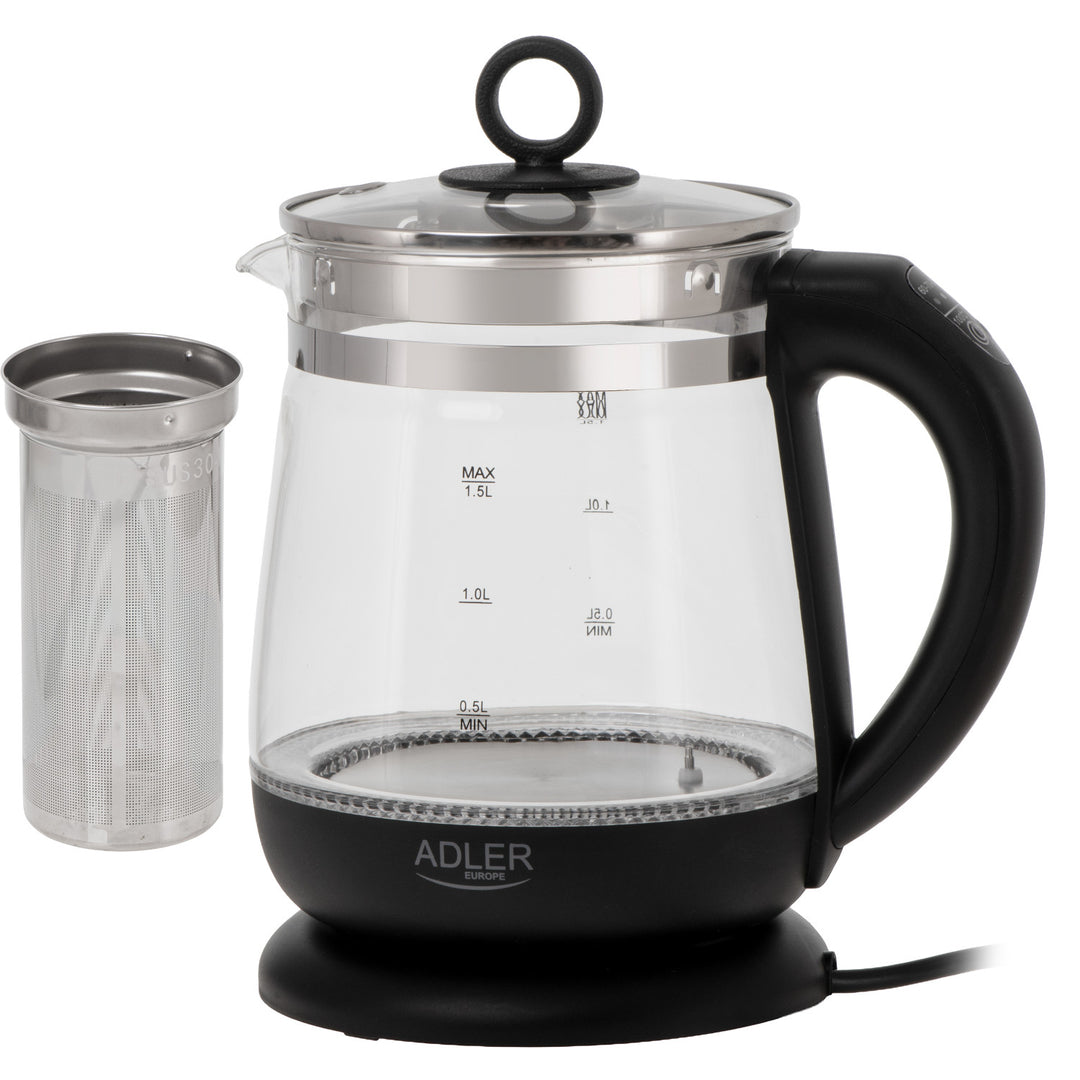 1.5 L Glass Kettle with Tea Infuser and Temperature Control, 2200W, LED, 60–100°C, Adler AD 1299, Black