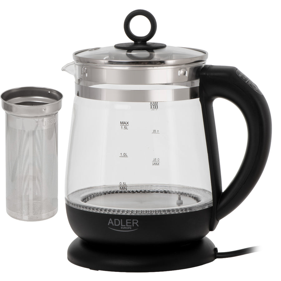 1.5 L Glass Kettle with Tea Infuser and Temperature Control, 2200W, LED, 60–100°C, Adler AD 1299, Black
