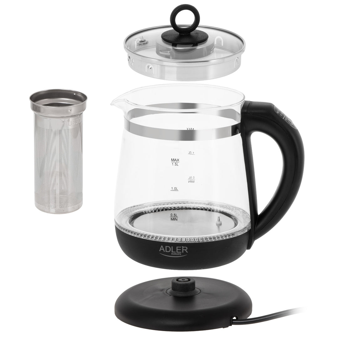 1.5 L Glass Kettle with Tea Infuser and Temperature Control, 2200W, LED, 60–100°C, Adler AD 1299, Black