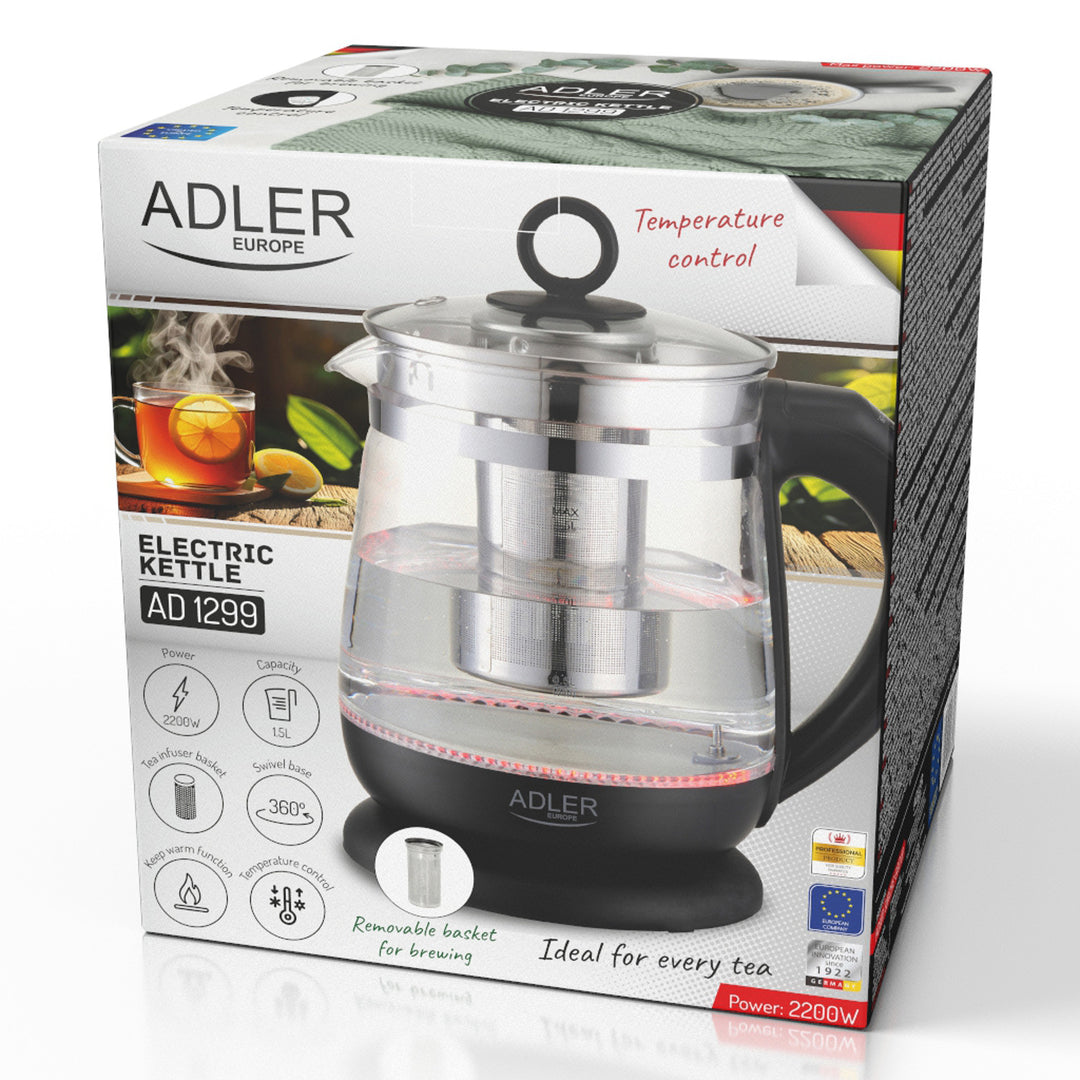 1.5 L Glass Kettle with Tea Infuser and Temperature Control, 2200W, LED, 60–100°C, Adler AD 1299, Black