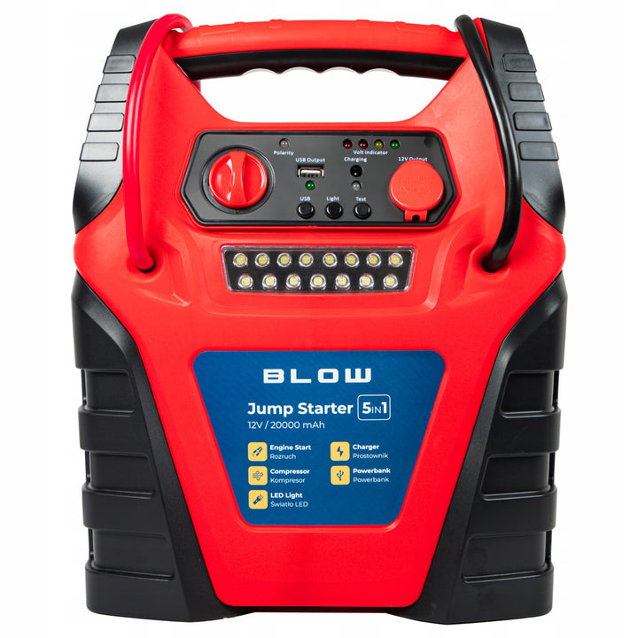 Blow 5-in-1 Jump Starter, with air compressor, battery charger, and power bank functions; 12V 20,000 mAh battery; current: 400A cranking, 900A peak; features an overload fuse; 81-210#