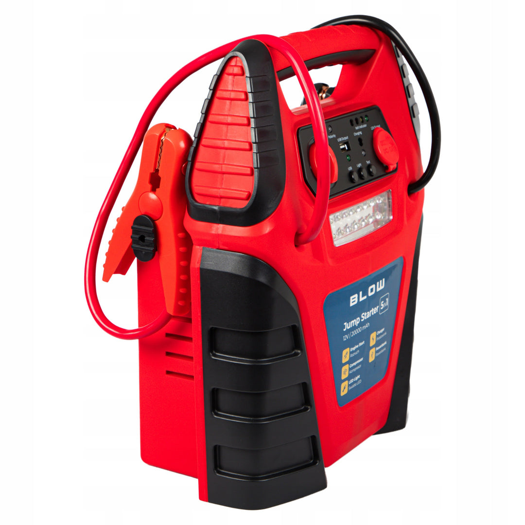 Blow 5-in-1 Jump Starter, with air compressor, battery charger, and power bank functions; 12V 20,000 mAh battery; current: 400A cranking, 900A peak; features an overload fuse; 81-210#
