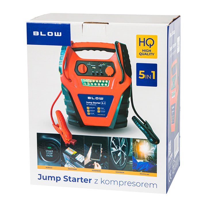 Blow 5-in-1 Jump Starter, with air compressor, battery charger, and power bank functions; 12V 20,000 mAh battery; current: 400A cranking, 900A peak; features an overload fuse; 81-210#