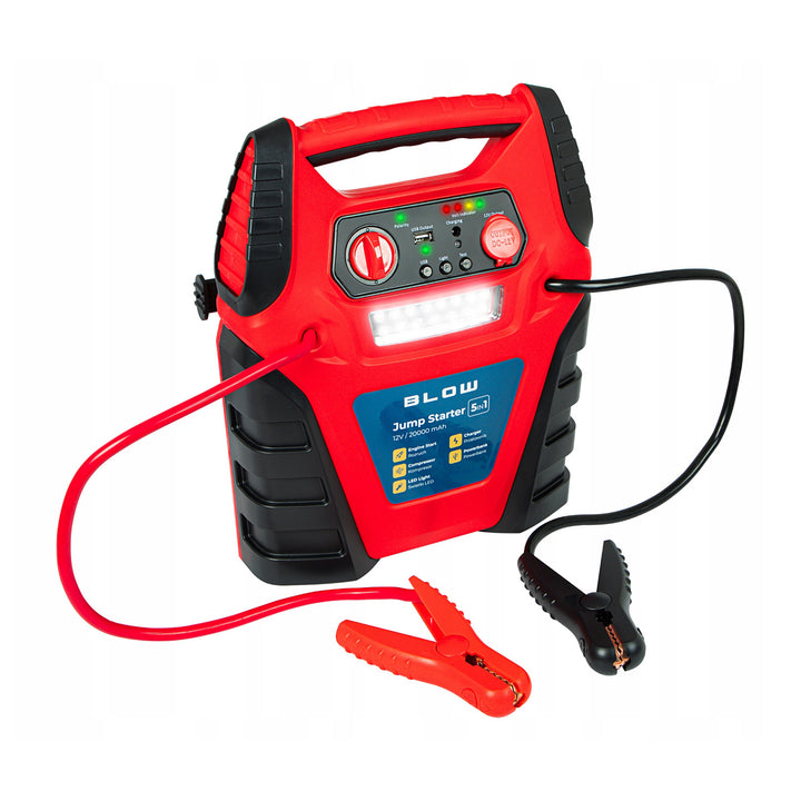 Blow 5-in-1 Jump Starter, with air compressor, battery charger, and power bank functions; 12V 20,000 mAh battery; current: 400A cranking, 900A peak; features an overload fuse; 81-210#