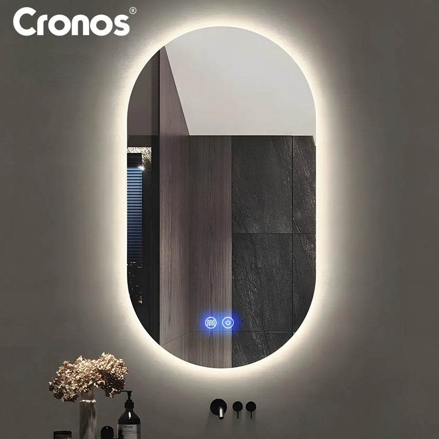 Cronos Heated Mirror, oval, 50x80 cm, LED in three colors, IP44 protection, anti-fog system