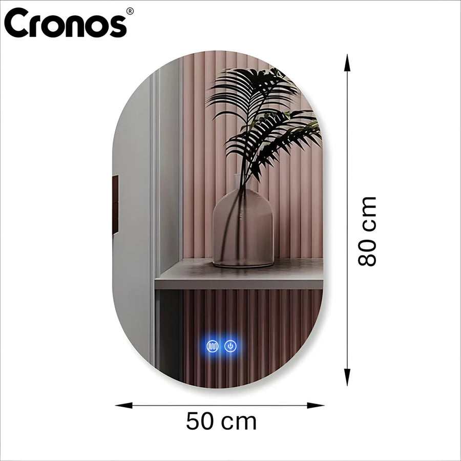 Cronos Heated Mirror, oval, 50x80 cm, LED in three colors, IP44 protection, anti-fog system