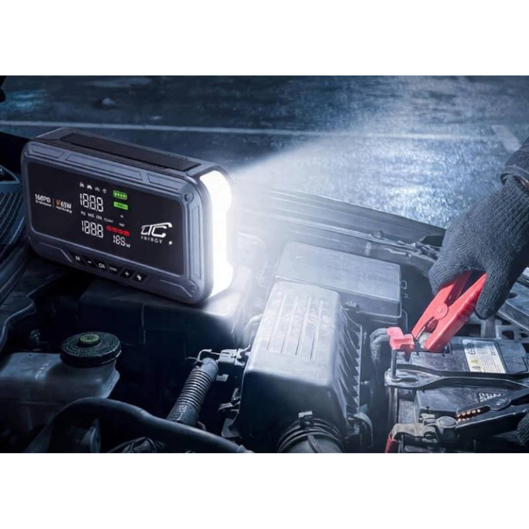 LTC Jump Starter, 12,000 mAh, with air compressor, flashlight, and power bank, LCD display, 65W power, cables and carrying case included, LXJS120