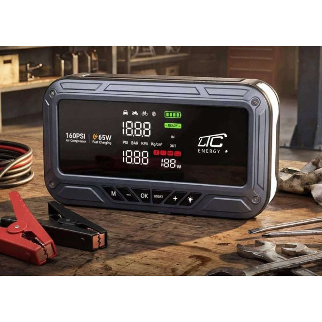 LTC Jump Starter, 12,000 mAh, with air compressor, flashlight, and power bank, LCD display, 65W power, cables and carrying case included, LXJS120