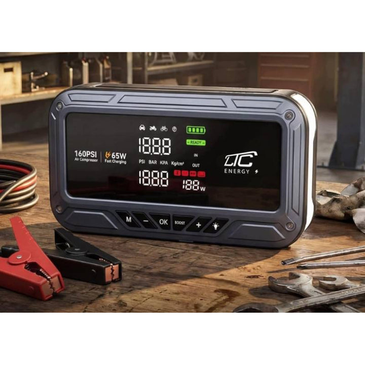 LTC Jump Starter, 12,000 mAh, with air compressor, flashlight, and power bank, LCD display, 65W power, cables and carrying case included, LXJS120