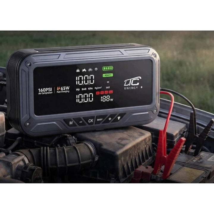 LTC Jump Starter, 12,000 mAh, with air compressor, flashlight, and power bank, LCD display, 65W power, cables and carrying case included, LXJS120
