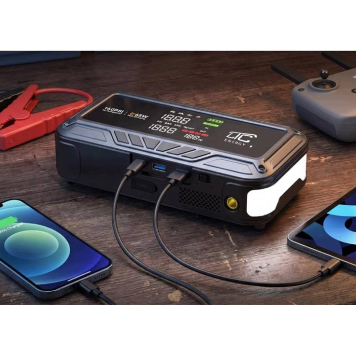 LTC Jump Starter, 12,000 mAh, with air compressor, flashlight, and power bank, LCD display, 65W power, cables and carrying case included, LXJS120