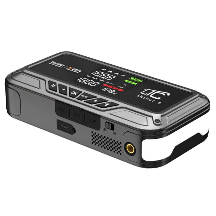 LTC Jump Starter, 12,000 mAh, with air compressor, flashlight, and power bank, LCD display, 65W power, cables and carrying case included, LXJS120