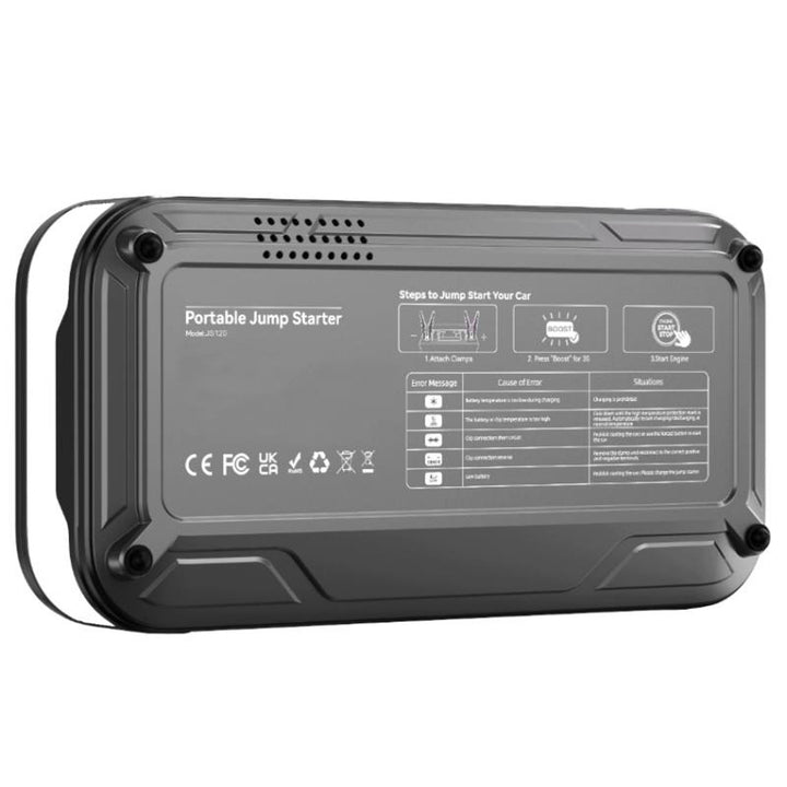 LTC Jump Starter, 12,000 mAh, with air compressor, flashlight, and power bank, LCD display, 65W power, cables and carrying case included, LXJS120