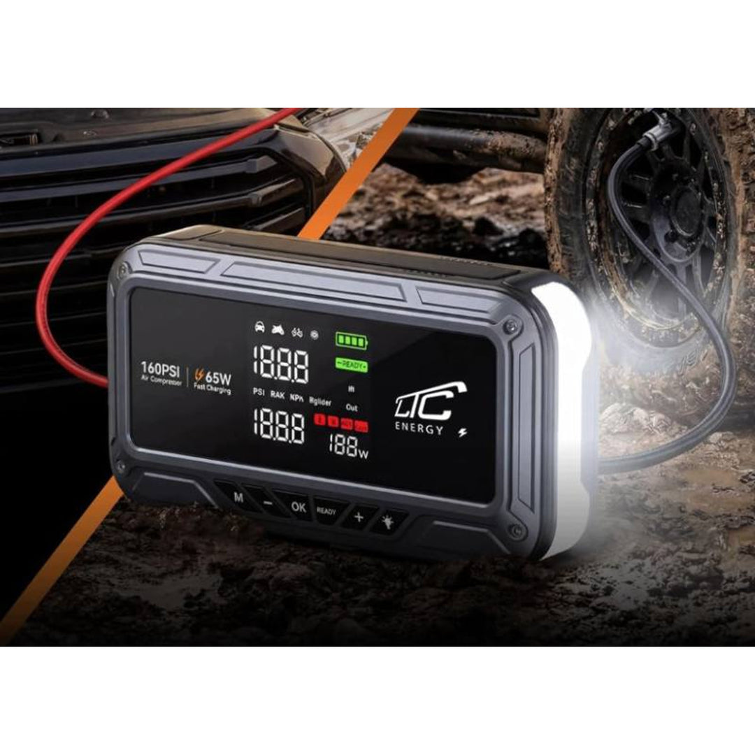 LTC Jump Starter, 12,000 mAh, with air compressor, flashlight, and power bank, LCD display, 65W power, cables and carrying case included, LXJS120