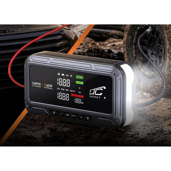 LTC Jump Starter, 12,000 mAh, with air compressor, flashlight, and power bank, LCD display, 65W power, cables and carrying case included, LXJS120
