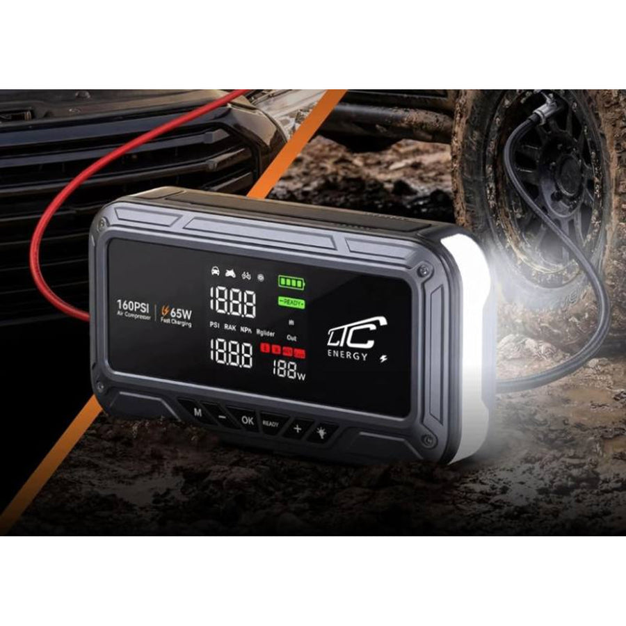 LTC Jump Starter, 12,000 mAh, with air compressor, flashlight, and power bank, LCD display, 65W power, cables and carrying case included, LXJS120