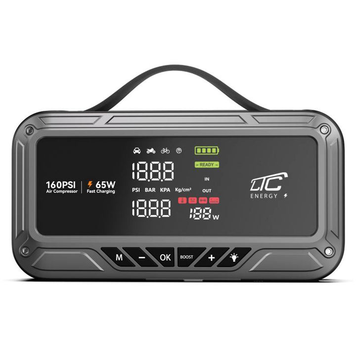 LTC Jump Starter, 12,000 mAh, with air compressor, flashlight, and power bank, LCD display, 65W power, cables and carrying case included, LXJS120