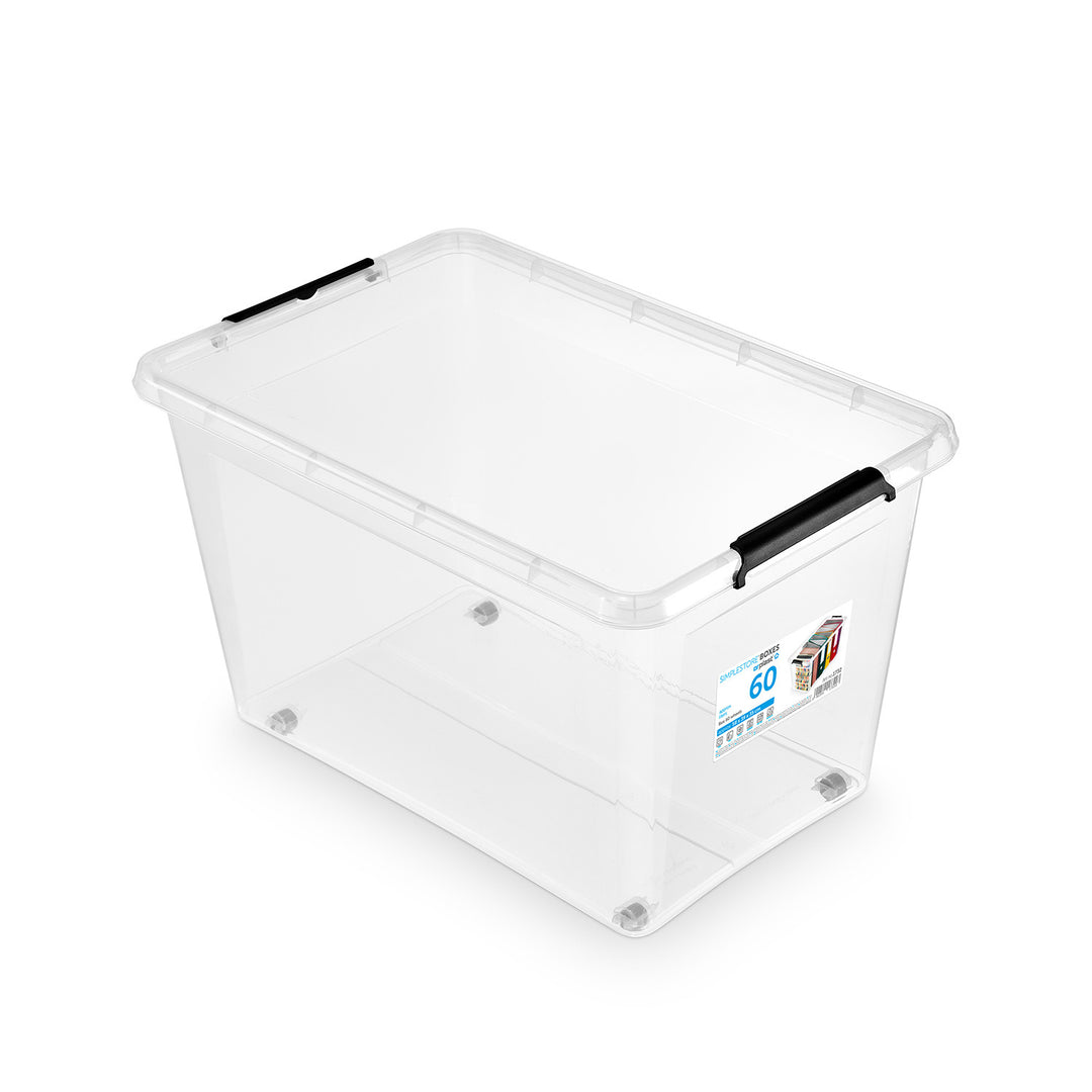 Moxom SimpleStore container, 60L capacity, clear, snap-on lid, with casters, BPA-free, 04-0081