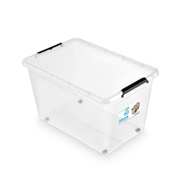 Moxom SimpleStore container, 60L capacity, clear, snap-on lid, with casters, BPA-free, 04-0081