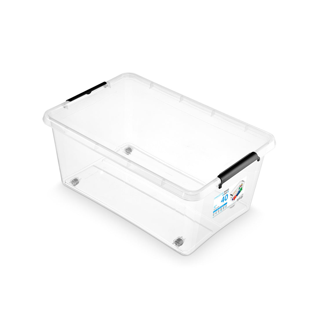 Moxom SimpleStore container, 40L capacity, transparent, snap-on lid, with casters, BPA-free, 04-0076