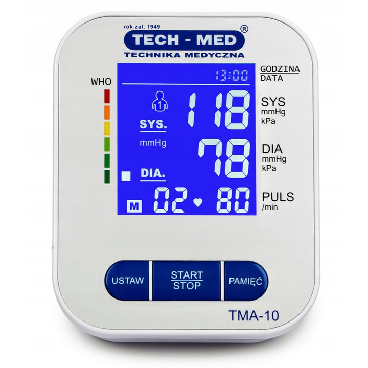 Electronic blood pressure monitor, backlit screen, 22–32 cm cuff, arrhythmia indicator, TMA-10, Tech-Med