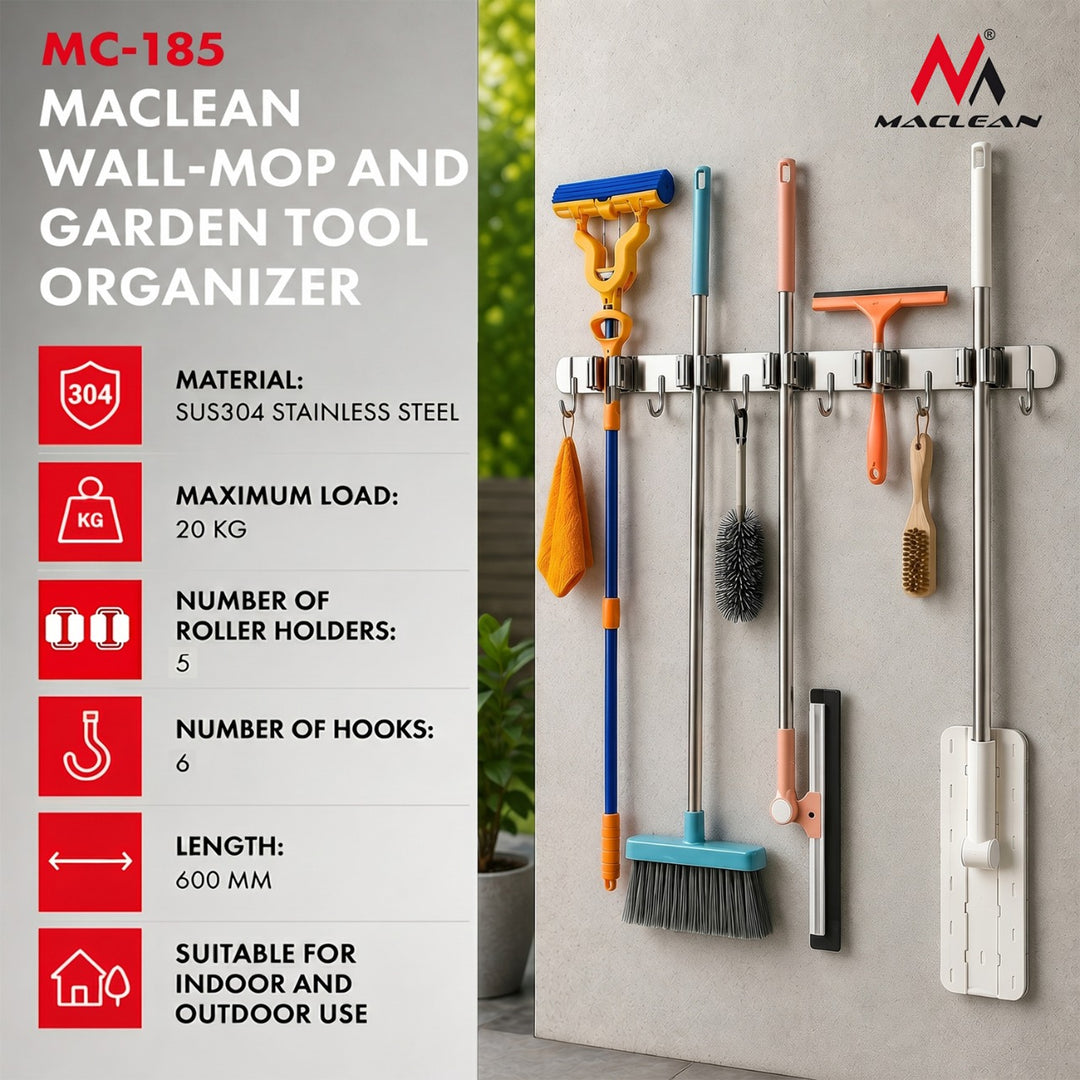Maclean wall-mounted organizer for garden tools and mops, steel, with hooks, max. load 20 kg, width 60 cm, MC-185, 2 pieces