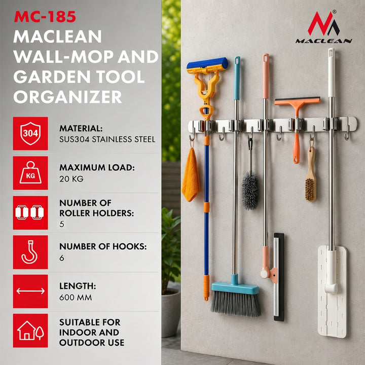 Maclean wall-mounted organizer for garden tools and mops, steel, with hooks, max. load 20 kg, width 60 cm, MC-185, 2 pieces