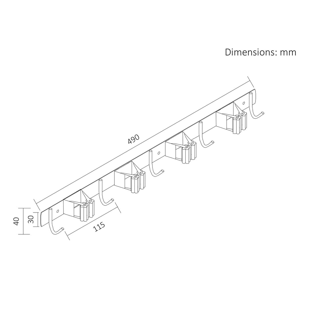 Maclean Wall-Mounted Organizer for Garden Tools and Mops, steel, with hooks, max. load 20 kg, width 49 cm, MC-184, 2 pieces