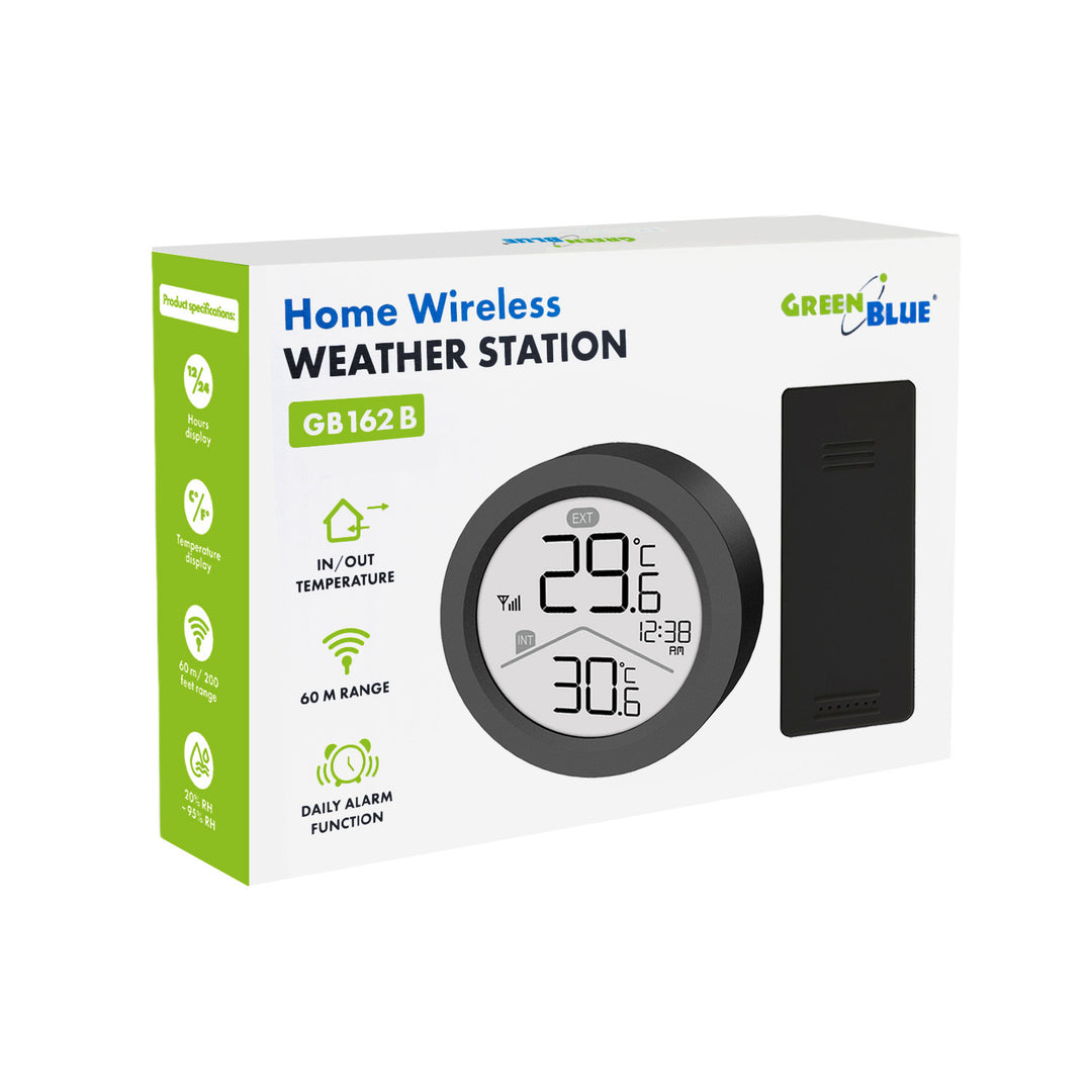 GreenBlue Wireless Weather Station, Indoor/Outdoor Temperature, Clock, °C / °F Selectable, Range up to 60 m, Black, GB162 B + 4 Varta Industrial AAA Alkaline Batteries