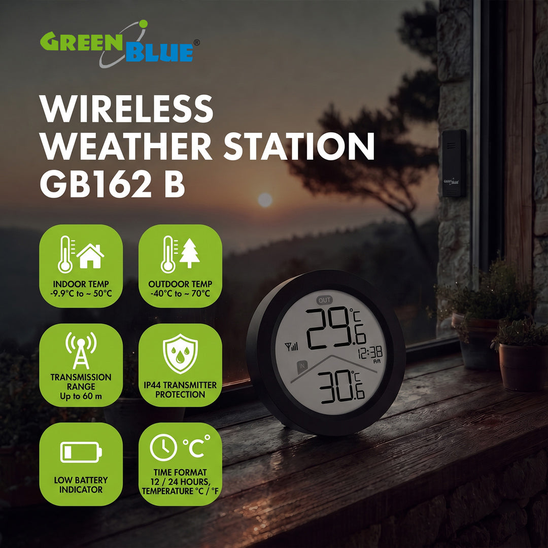 GreenBlue Wireless Weather Station, Indoor/Outdoor Temperature, Clock, °C / °F Selectable, Range up to 60 m, Black, GB162 B + 4 Varta Industrial AAA Alkaline Batteries