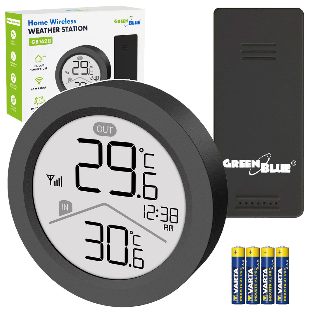 GreenBlue Wireless Weather Station, Indoor/Outdoor Temperature, Clock, °C / °F Selectable, Range up to 60 m, Black, GB162 B + 4 Varta Industrial AAA Alkaline Batteries