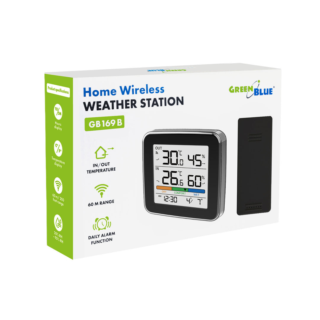 GreenBlue Wireless Weather Station, Indoor/Outdoor Temperature and Humidity, Clock, Alarm, and Date, °C / °F, up to 60 m, Black, GB169 B + 4 Varta Industrial AAA Alkaline Batteries