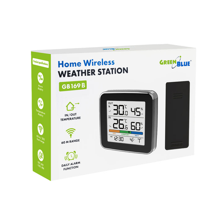 GreenBlue Wireless Weather Station, Indoor/Outdoor Temperature and Humidity, Clock, Alarm, and Date, °C / °F, up to 60 m, Black, GB169 B + 4 Varta Industrial AAA Alkaline Batteries
