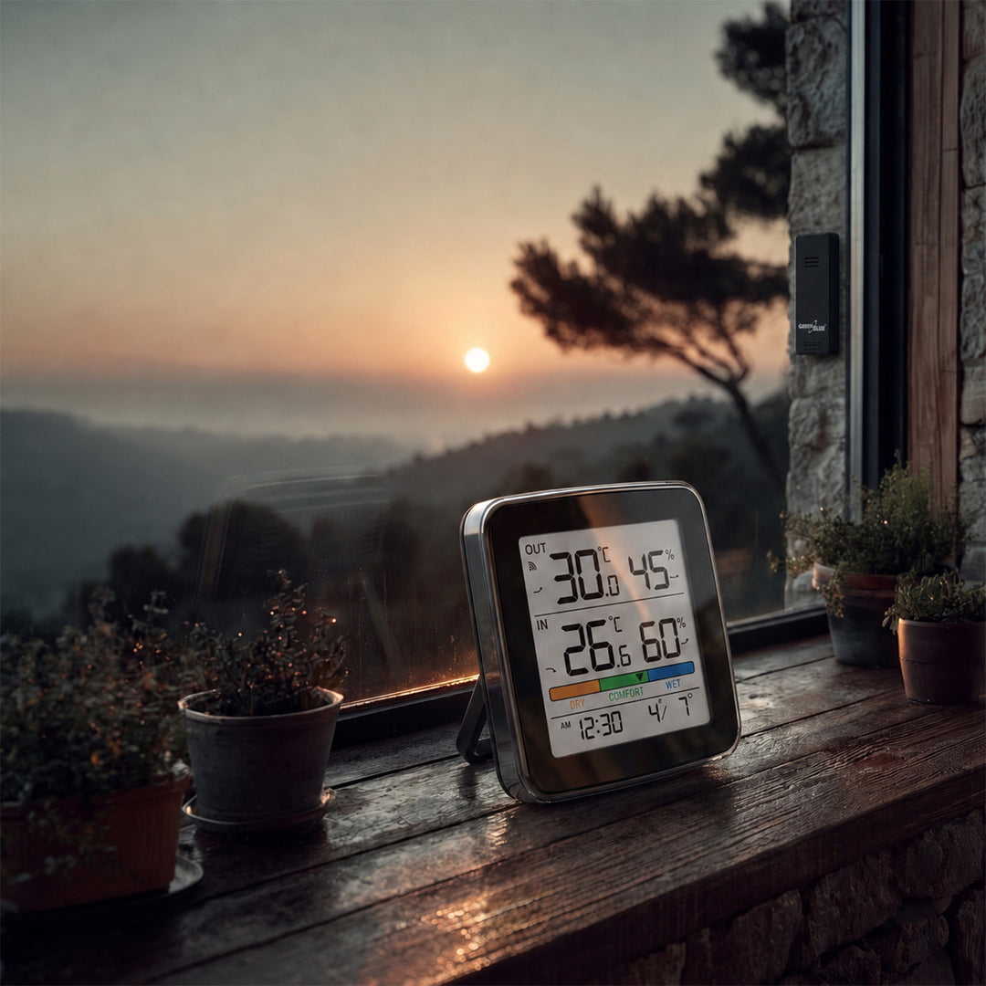 GreenBlue Wireless Weather Station, Indoor/Outdoor Temperature and Humidity, Clock, Alarm, and Date, °C / °F, up to 60 m, Black, GB169 B + 4 Varta Industrial AAA Alkaline Batteries