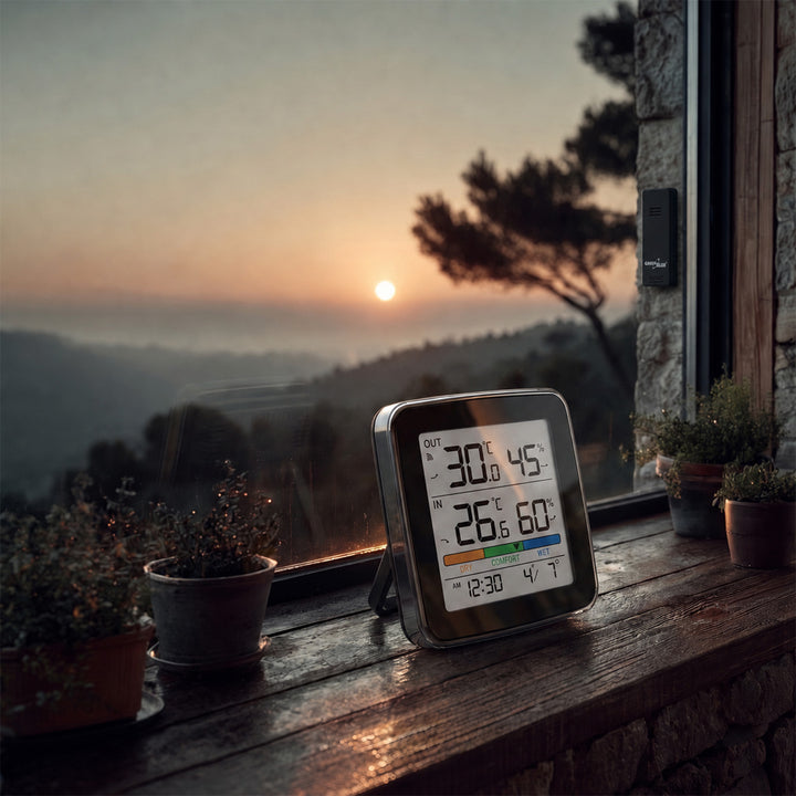 GreenBlue Wireless Weather Station, Indoor/Outdoor Temperature and Humidity, Clock, Alarm, and Date, °C / °F, up to 60 m, Black, GB169 B + 4 Varta Industrial AAA Alkaline Batteries