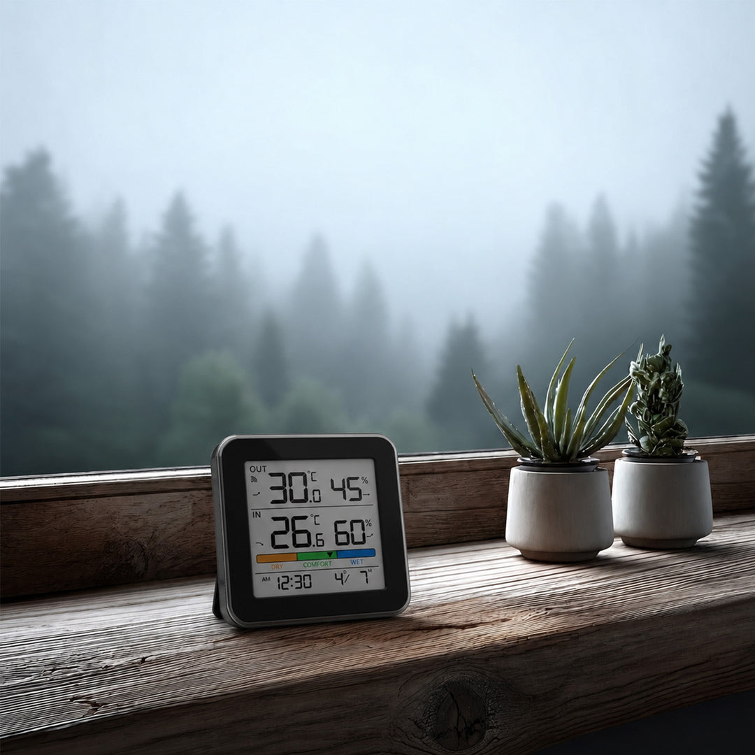 GreenBlue Wireless Weather Station, Indoor/Outdoor Temperature and Humidity, Clock, Alarm, and Date, °C / °F, up to 60 m, Black, GB169 B + 4 Varta Industrial AAA Alkaline Batteries
