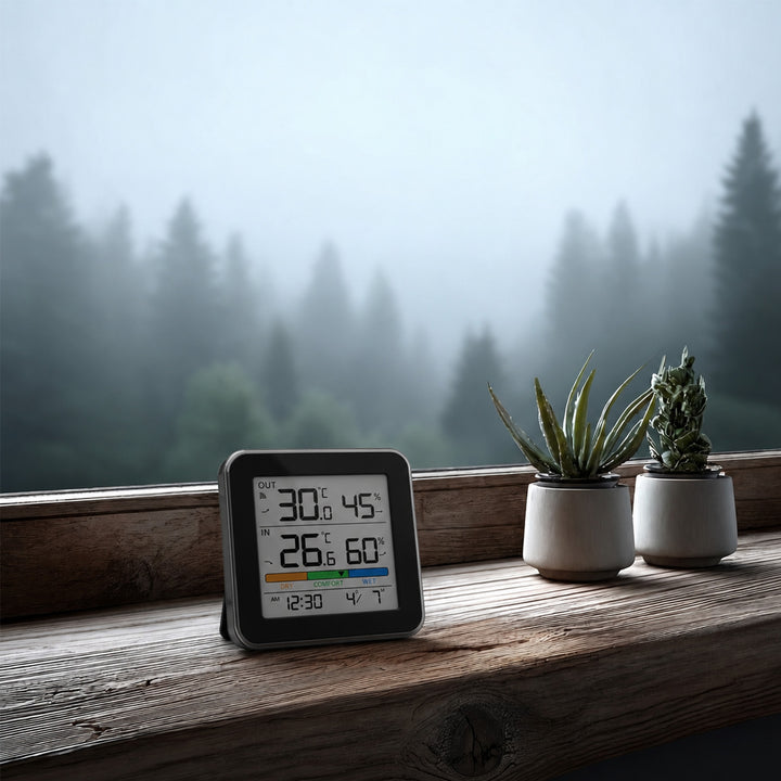 GreenBlue Wireless Weather Station, Indoor/Outdoor Temperature and Humidity, Clock, Alarm, and Date, °C / °F, up to 60 m, Black, GB169 B + 4 Varta Industrial AAA Alkaline Batteries