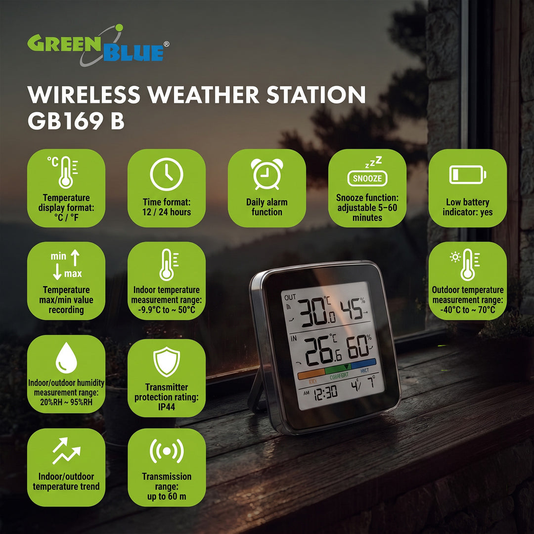 GreenBlue Wireless Weather Station, Indoor/Outdoor Temperature and Humidity, Clock, Alarm, and Date, °C / °F, up to 60 m, Black, GB169 B + 4 Varta Industrial AAA Alkaline Batteries