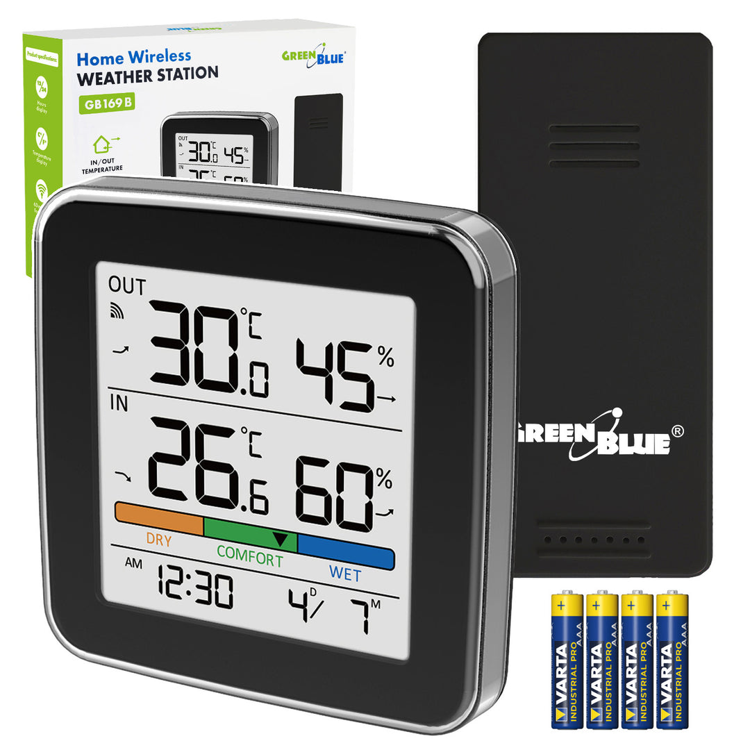 GreenBlue Wireless Weather Station, Indoor/Outdoor Temperature and Humidity, Clock, Alarm, and Date, °C / °F, up to 60 m, Black, GB169 B + 4 Varta Industrial AAA Alkaline Batteries