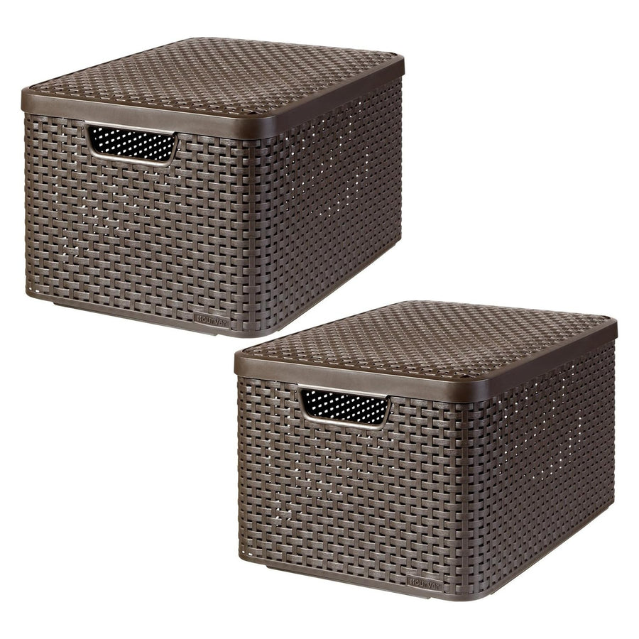 Curver Basket, Universal, with Lid, Brown, Rattan Style L, 2 pieces