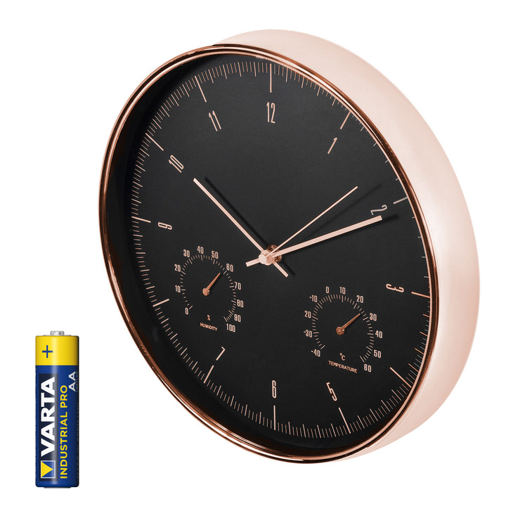 12'' (30 cm) Gold Wall Clock with Thermometer and Hygrometer CE70 G + R-06 LR6 AA 1.5V Varta Industrial Alkaline Battery