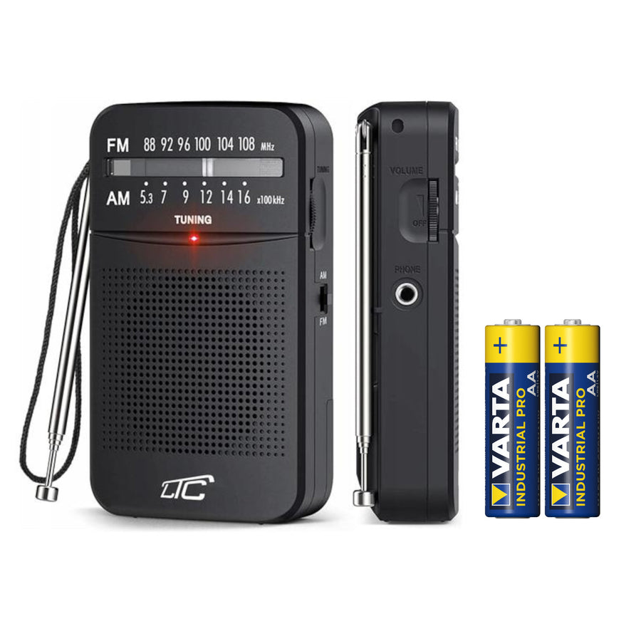 LEGA LXLTC2029C Pocket Radio with AM/FM/AUX, LTC battery power supply + 2x Varta Industrial AA alkaline batteries