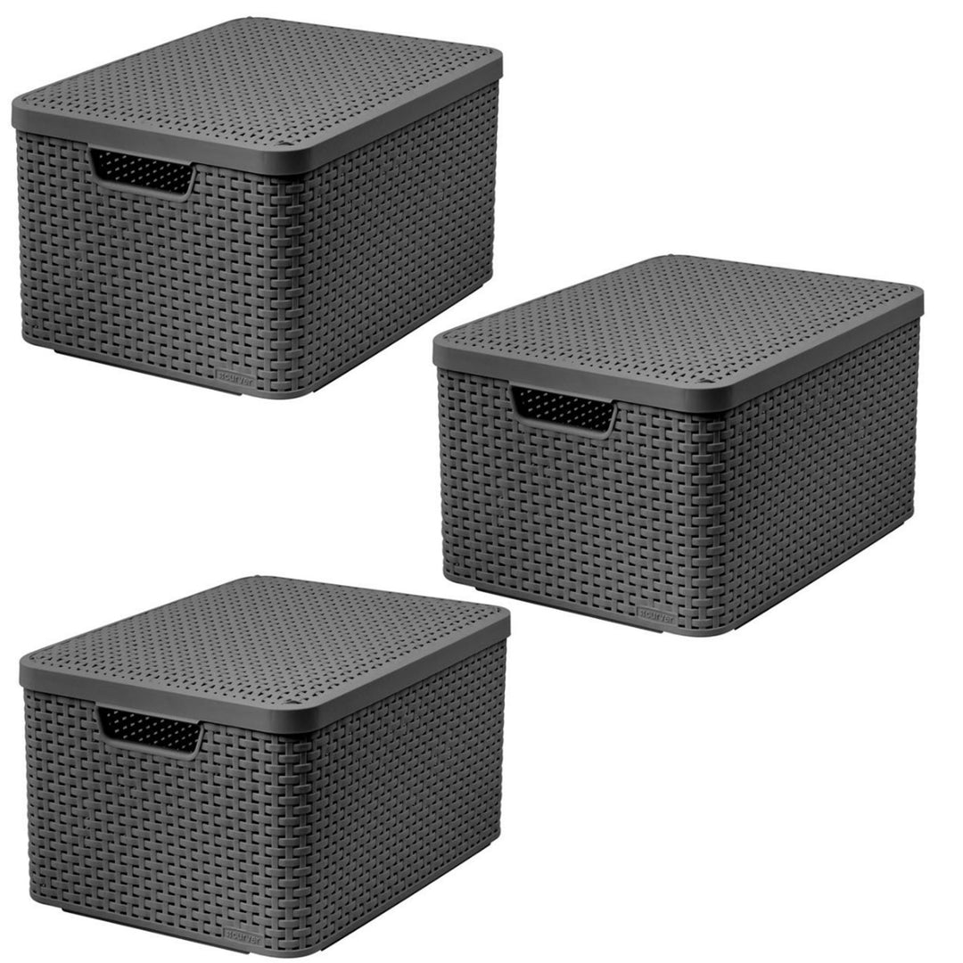 Curver Basket, Universal, with Lid, Gray, Rattan Style L, 3 pieces